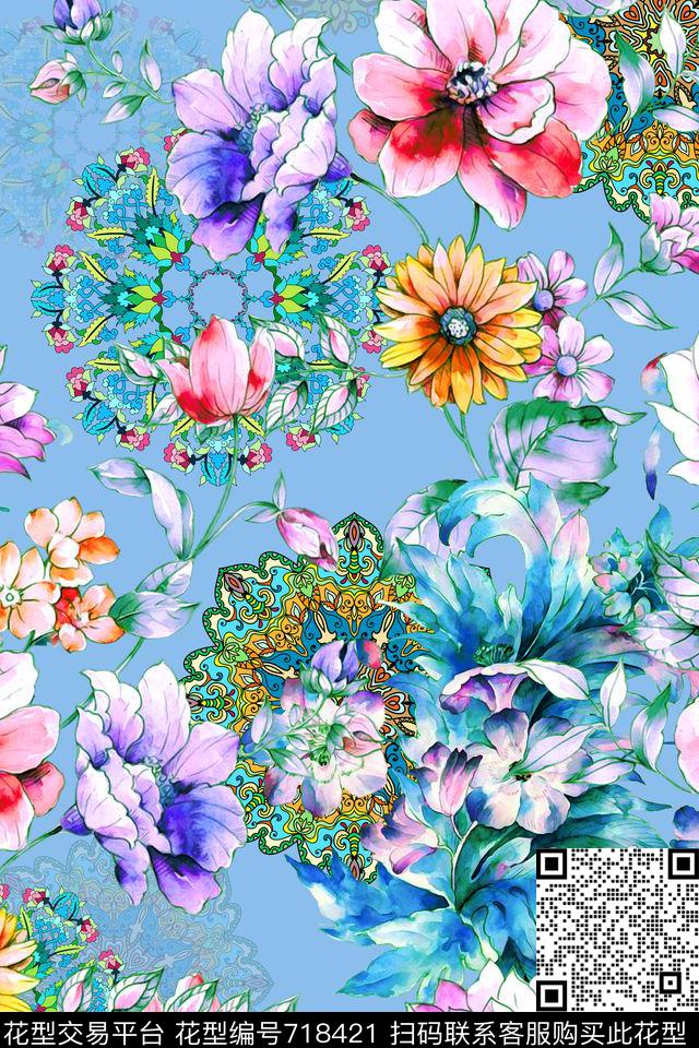 卷草花水彩画圆盘数码印花华亿平台下载（图片编号: 718421） - 瓦栏（Walan）
