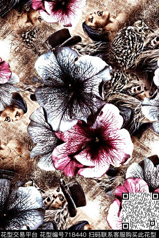 抽象手绘水彩花卉玫瑰花印花时尚了女装裙子人物动物印花欧美复古大牌外套男装夹克满版潮流印花数码印花华亿平台下载（图片编号: 718440） - 瓦栏（Walan）