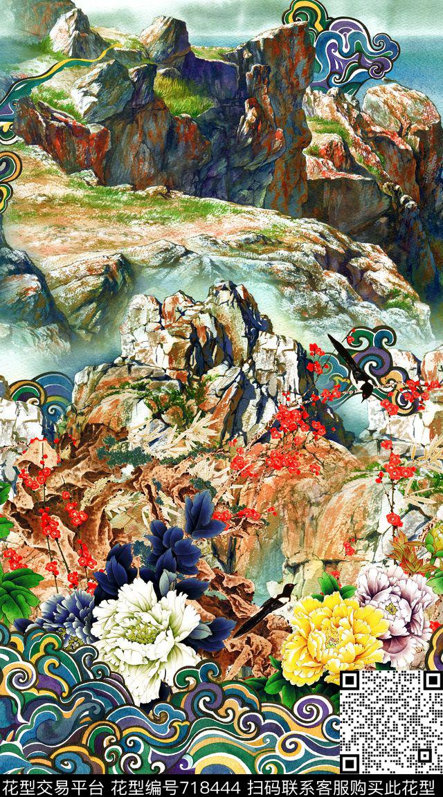 中国风抽象肌理山水山脉山峰数码印花华亿平台下载（图片编号: 718444） - 瓦栏（Walan）