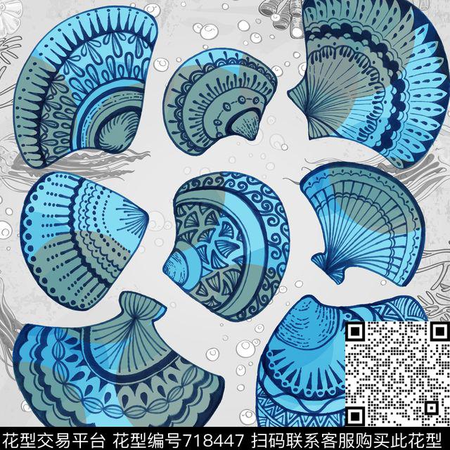 手绘笔触方巾贝壳数码印花华亿平台下载（图片编号: 718447） - 瓦栏（Walan）
