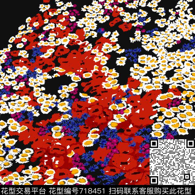 花卉方巾手绘笔触传统印花华亿平台下载（图片编号: 718451） - 瓦栏（Walan）