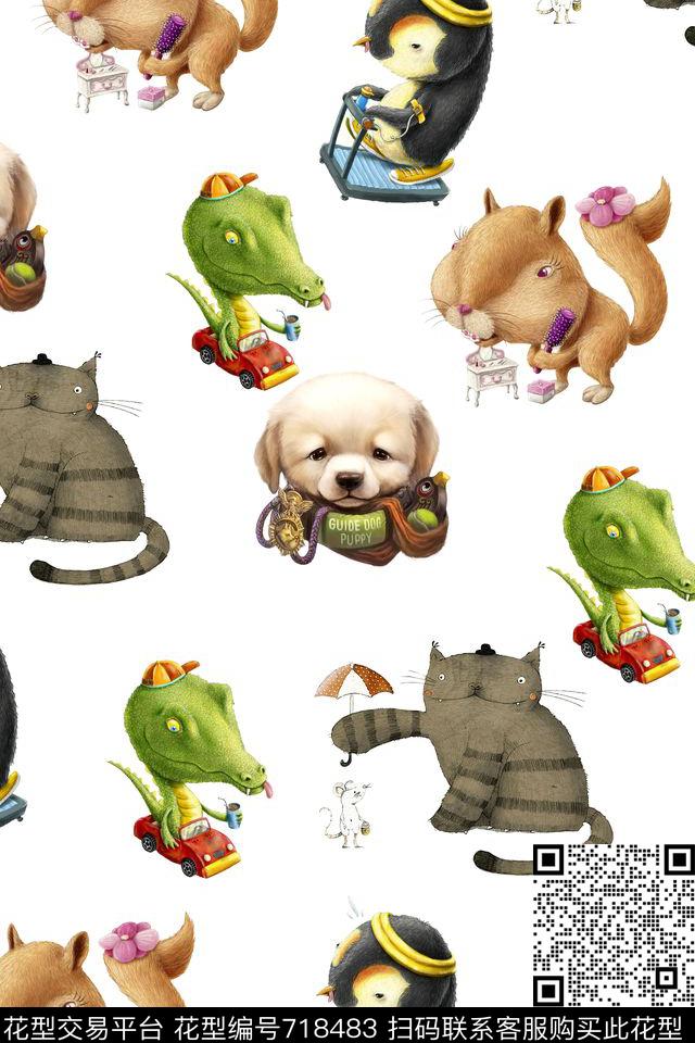 卡通猫鼠够小恐龙手绘趣味图案数码印花华亿平台下载（图片编号: 718483） - 瓦栏（Walan）