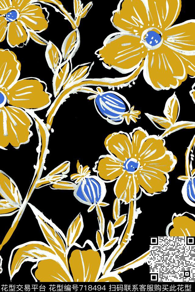 线条花卉风格化花卉手绘笔触传统印花华亿平台下载（图片编号: 718494） - 瓦栏（Walan）