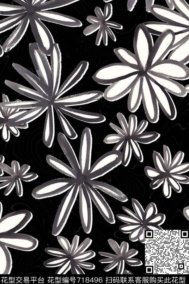 风格化花卉线条花卉手绘笔触传统印花华亿平台下载（图片编号: 718496） - 瓦栏（Walan）