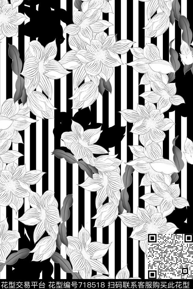 桃花花卉条纹数码印花华亿平台下载（图片编号: 718518） - 瓦栏（Walan）