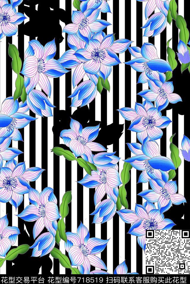桃花花卉条纹数码印花华亿平台下载（图片编号: 718519） - 瓦栏（Walan）