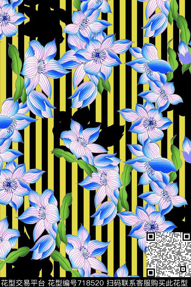 桃花花卉条纹数码印花华亿平台下载（图片编号: 718520） - 瓦栏（Walan）