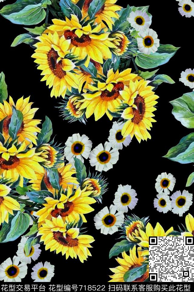 向日葵大小花卉雏菊数码印花华亿平台下载（图片编号: 718522） - 瓦栏（Walan）