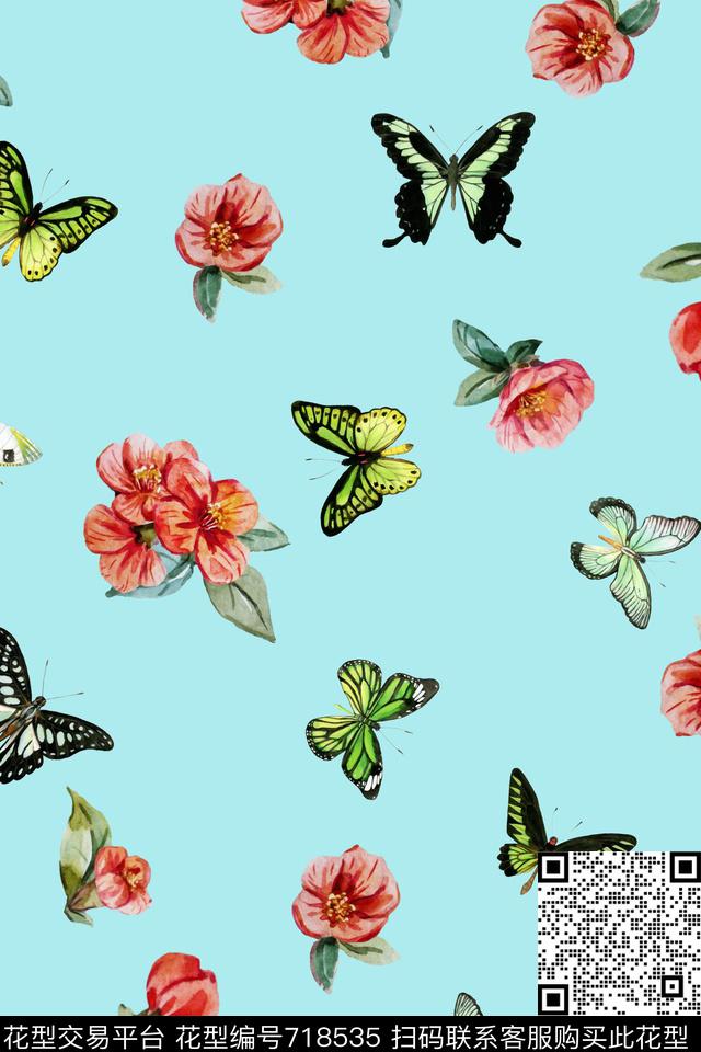 蝴蝶小碎花花卉数码印花华亿平台下载（图片编号: 718535） - 瓦栏（Walan）