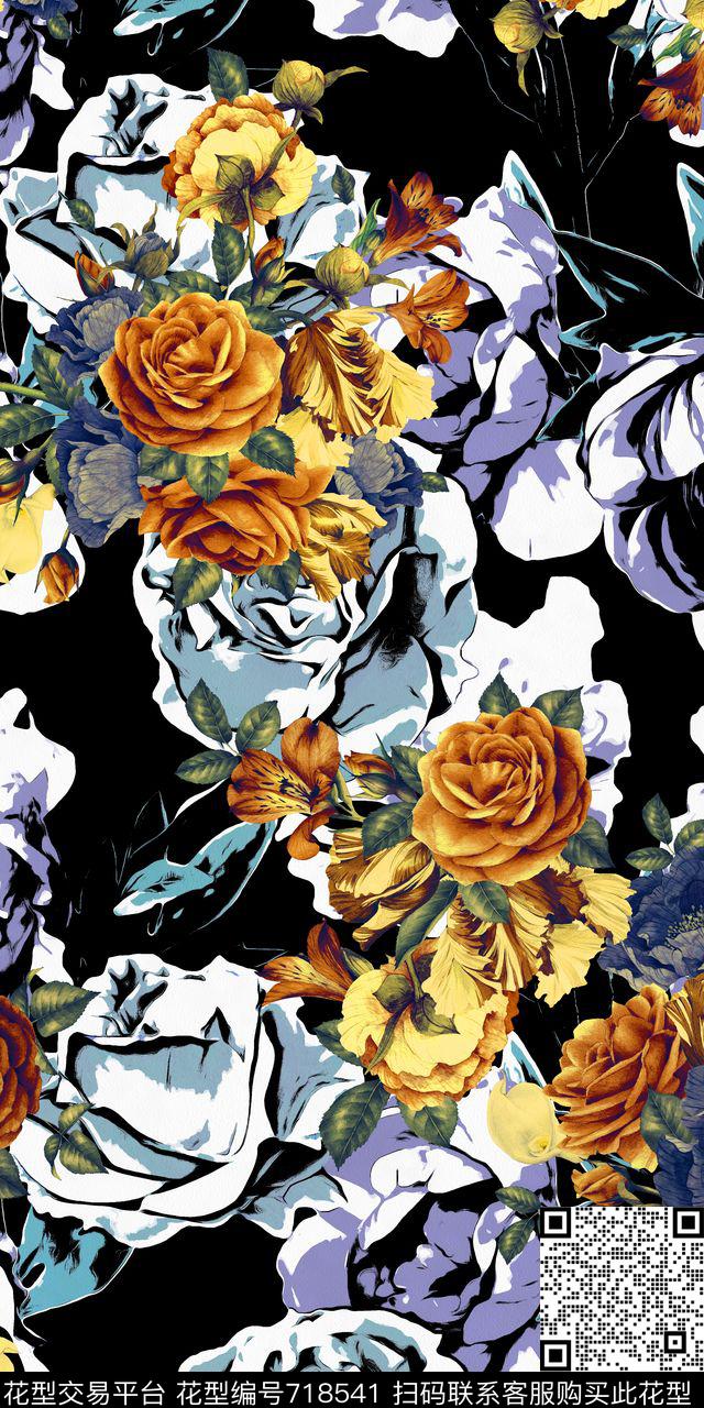 花卉田园风玫瑰花数码印花华亿平台下载（图片编号: 718541） - 瓦栏（Walan）