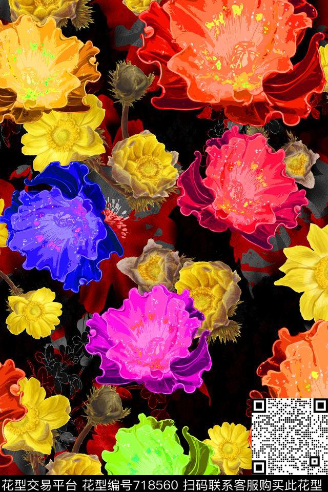 原创手绘大花卉油画花卉炫彩花卉数码印花华亿平台下载（图片编号: 718560） - 瓦栏（Walan）