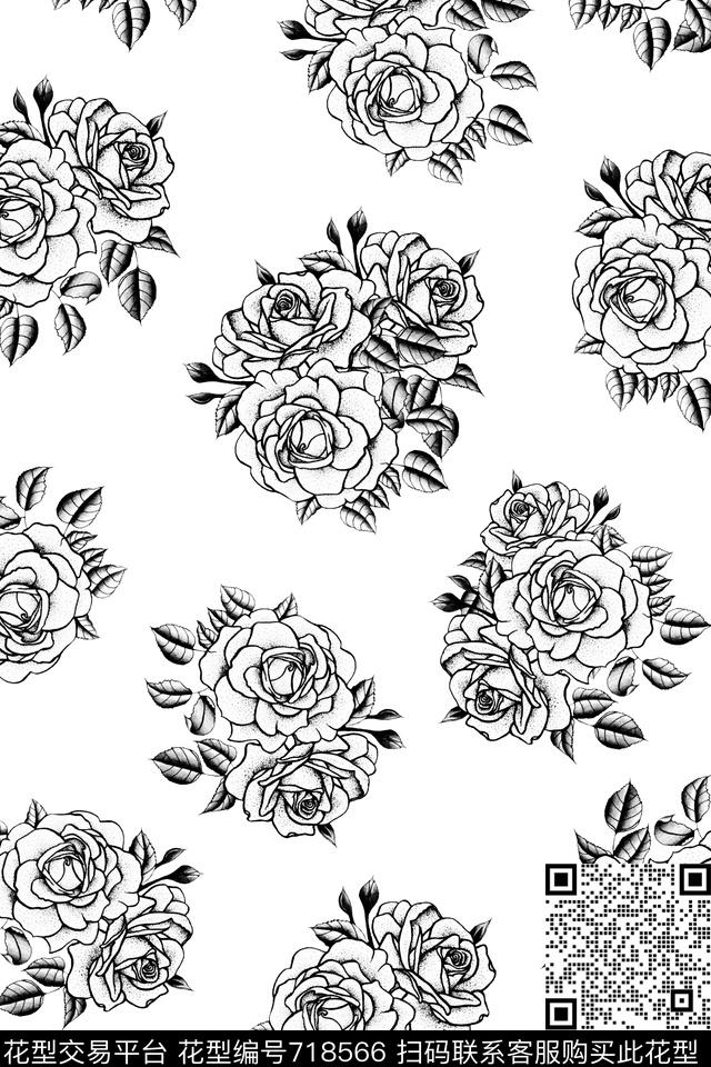黑白花玫瑰女装外套数码印花华亿平台下载（图片编号: 718566） - 瓦栏（Walan）