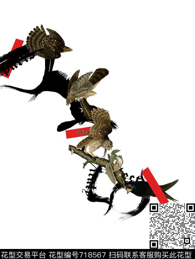 工笔画水墨鸟手绘鸟简欧潮牌花数码印花华亿平台下载（图片编号: 718567） - 瓦栏（Walan）