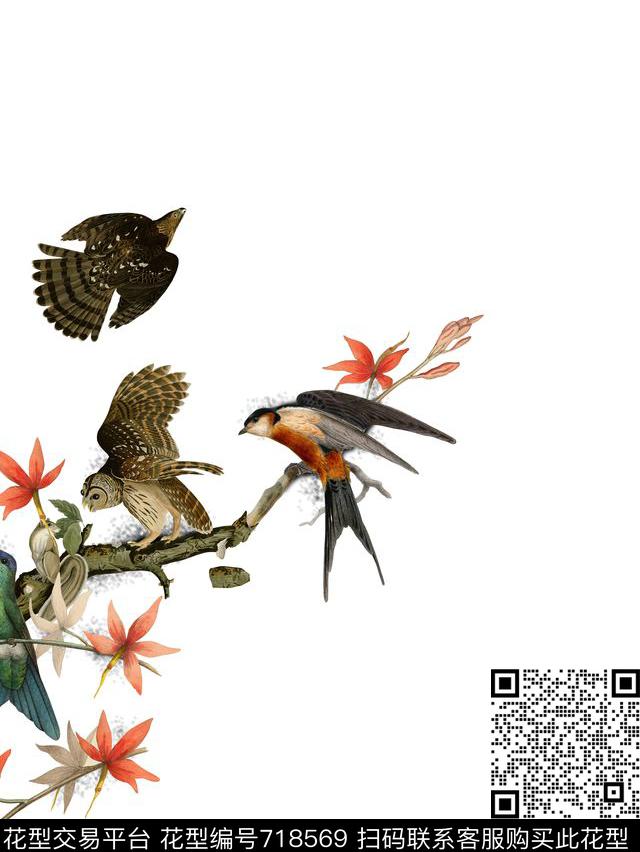 工笔画鸟集花卉男装潮牌简欧花数码印花华亿平台下载（图片编号: 718569） - 瓦栏（Walan）