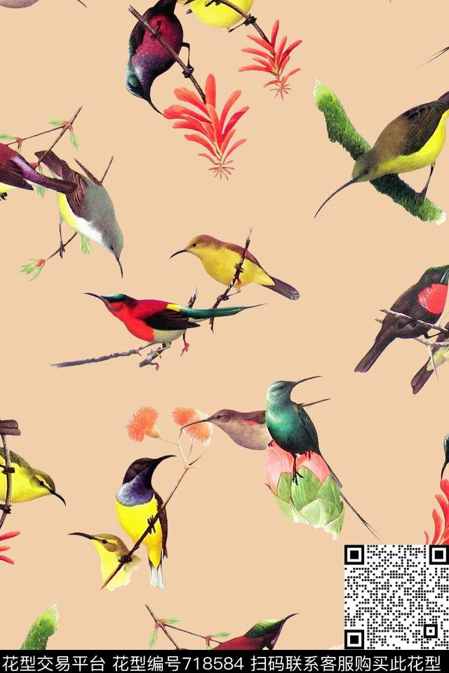 水彩花鸟树枝花卉数码印花华亿平台下载（图片编号: 718584） - 瓦栏（Walan）
