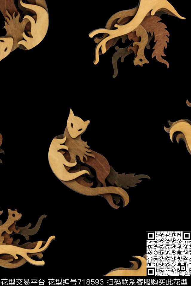 抽象几何木块动物狐狸印花时尚潮流男装夹克外套满版印花欧美复古潮流印花数码印花华亿平台下载（图片编号: 718593） - 瓦栏（Walan）