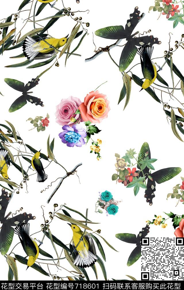 手绘花鸟玫瑰树枝小鸟数码印花华亿平台下载（图片编号: 718601） - 瓦栏（Walan）