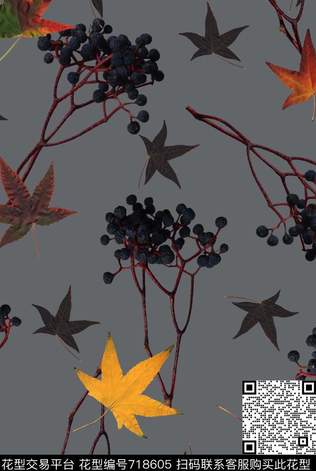 花卉叶子复古数码印花华亿平台下载（图片编号: 718605） - 瓦栏（Walan）
