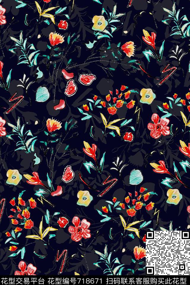 粗犷花卉粗线条涂鸦传统印花华亿平台下载（图片编号: 718671） - 瓦栏（Walan）