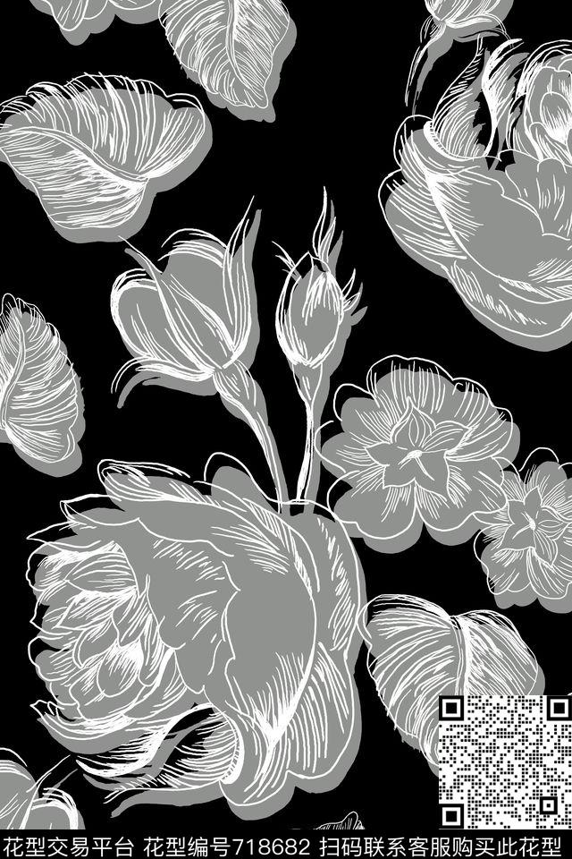 植物剪影L.D~线条L.D~花卉传统印花华亿平台下载（图片编号: 718682） - 瓦栏（Walan）