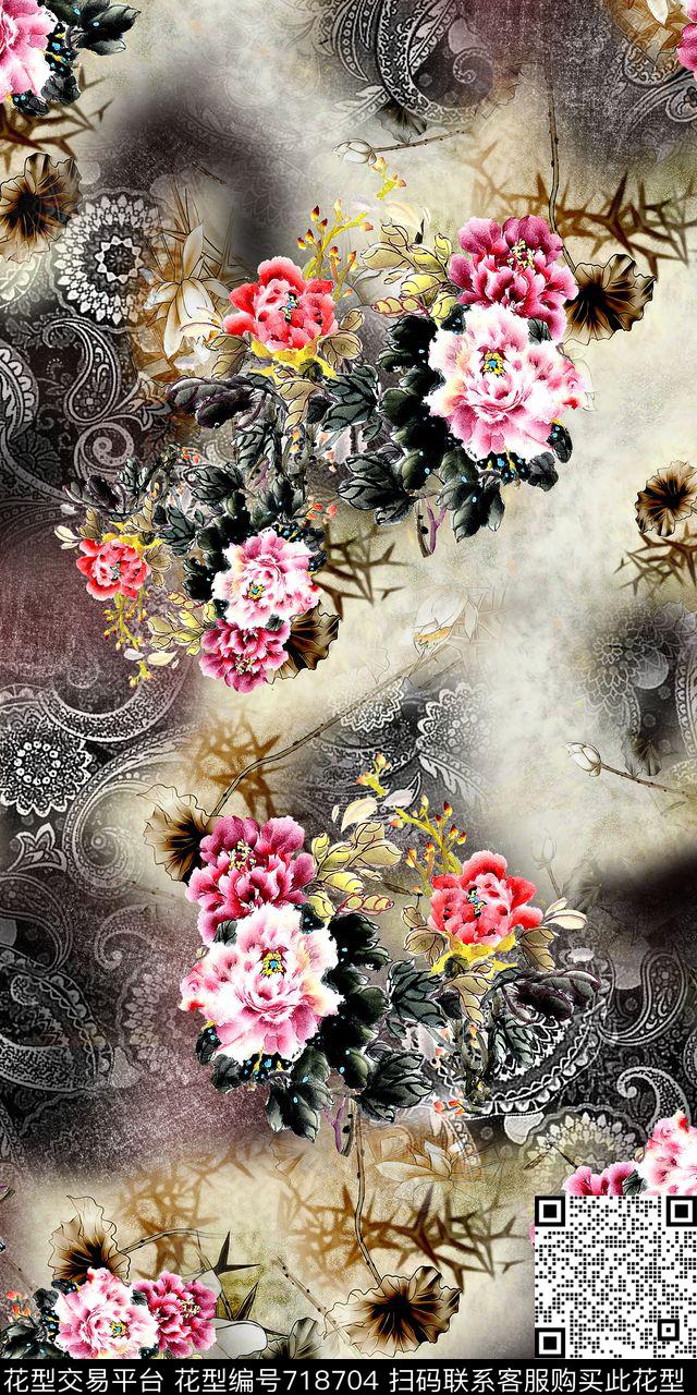 牡丹花卉佩斯利数码印花华亿平台下载（图片编号: 718704） - 瓦栏（Walan）