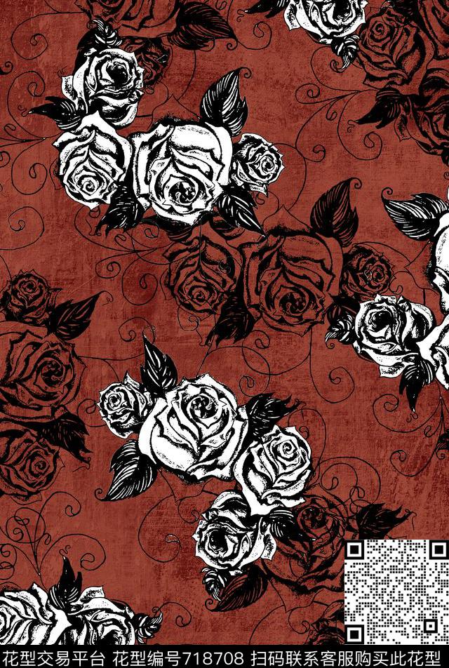 花卉叶子复古数码印花华亿平台下载（图片编号: 718708） - 瓦栏（Walan）