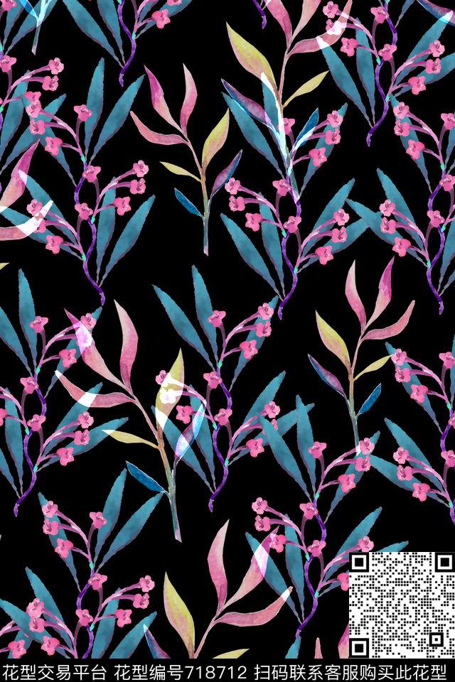 暗黑风花卉枝叶数码印花华亿平台下载（图片编号: 718712） - 瓦栏（Walan）
