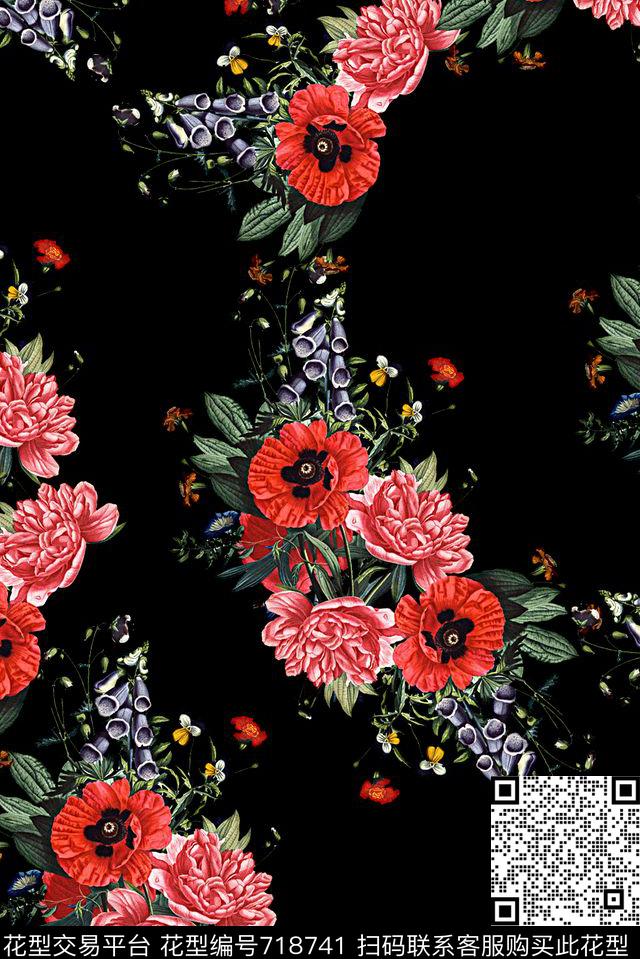 抽象手绘水彩花卉数码印花时尚潮流女装裙子花朵罂粟花印花欧美大牌复古植物印花数码印花华亿平台下载（图片编号: 718741） - 瓦栏（Walan）