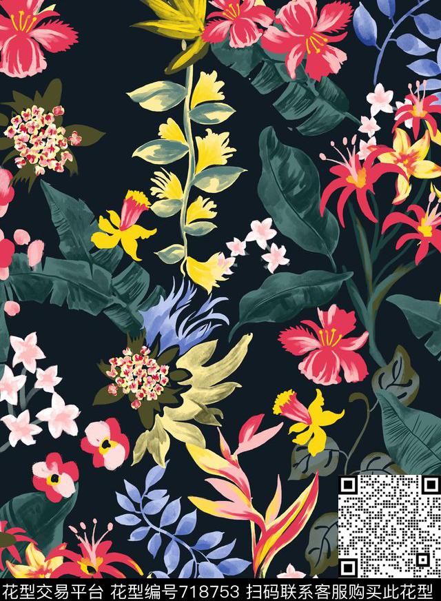 花卉热带花卉欧美风格传统印花华亿平台下载（图片编号: 718753） - 瓦栏（Walan）