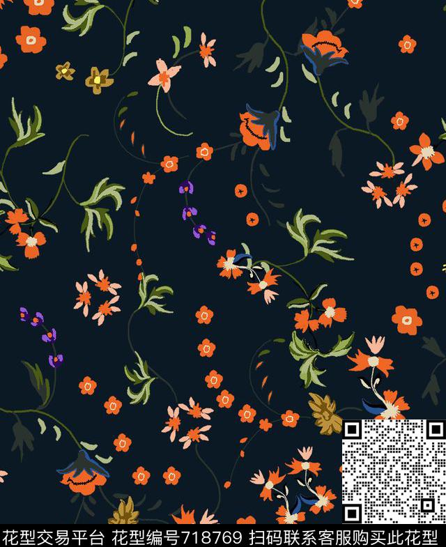 花卉复古小花卷草花卉传统印花华亿平台下载（图片编号: 718769） - 瓦栏（Walan）