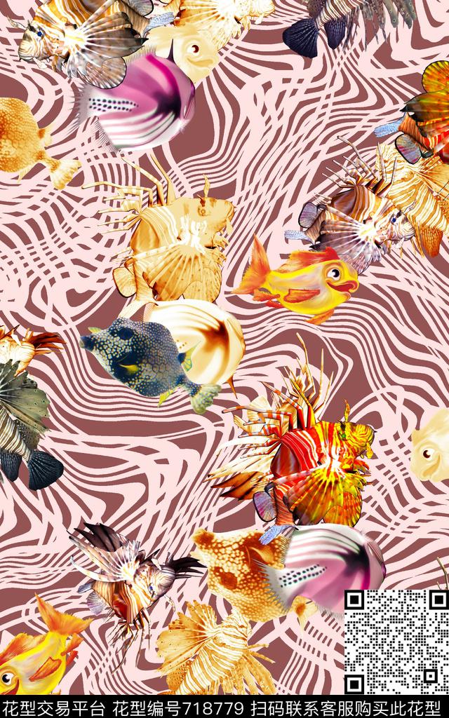 动物条纹海洋鱼类数码印花华亿平台下载（图片编号: 718779） - 瓦栏（Walan）