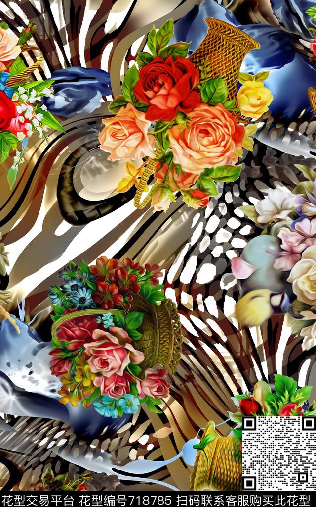 花卉花朵斑马纹数码印花华亿平台下载（图片编号: 718785） - 瓦栏（Walan）