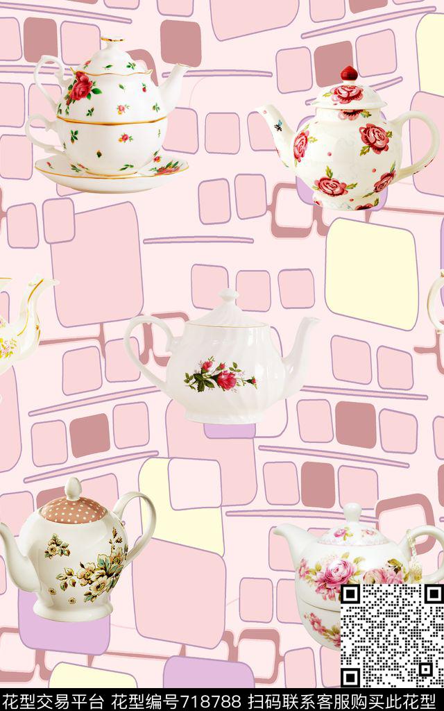 瓷器茶壶方格数码印花华亿平台下载（图片编号: 718788） - 瓦栏（Walan）