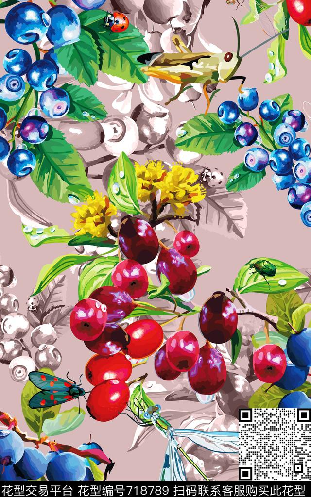 水果蓝莓蜻蜓数码印花华亿平台下载（图片编号: 718789） - 瓦栏（Walan）