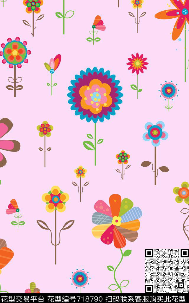 抽象花卉可爱小清新数码印花华亿平台下载（图片编号: 718790） - 瓦栏（Walan）