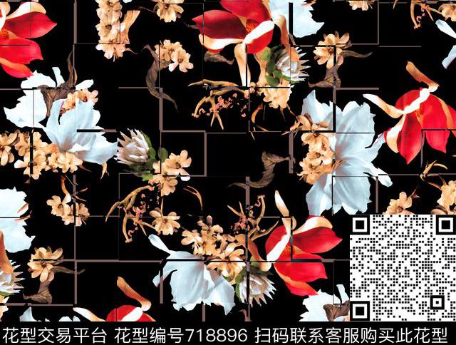 线条乱花大花数码印花华亿平台下载（图片编号: 718896） - 瓦栏（Walan）