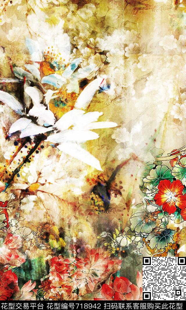 中国风油墨工笔画鸟数码印花华亿平台下载（图片编号: 718942） - 瓦栏（Walan）