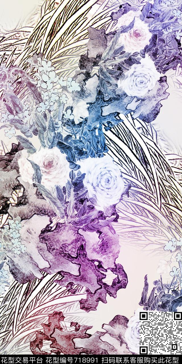 假山花朵花卉数码印花华亿平台下载（图片编号: 718991） - 瓦栏（Walan）