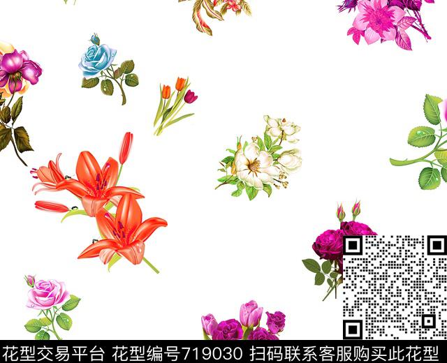 郁金香小碎花大花数码印花华亿平台下载（图片编号: 719030） - 瓦栏（Walan）