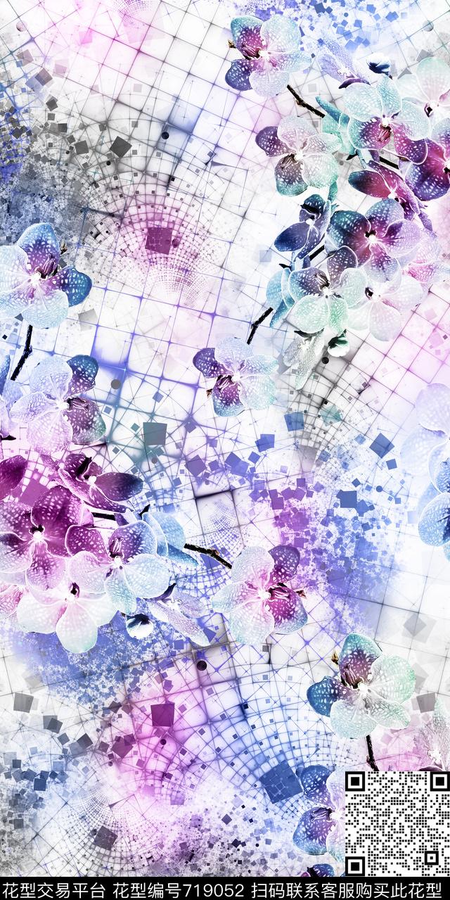 花卉格子抽象数码印花华亿平台下载（图片编号: 719052） - 瓦栏（Walan）