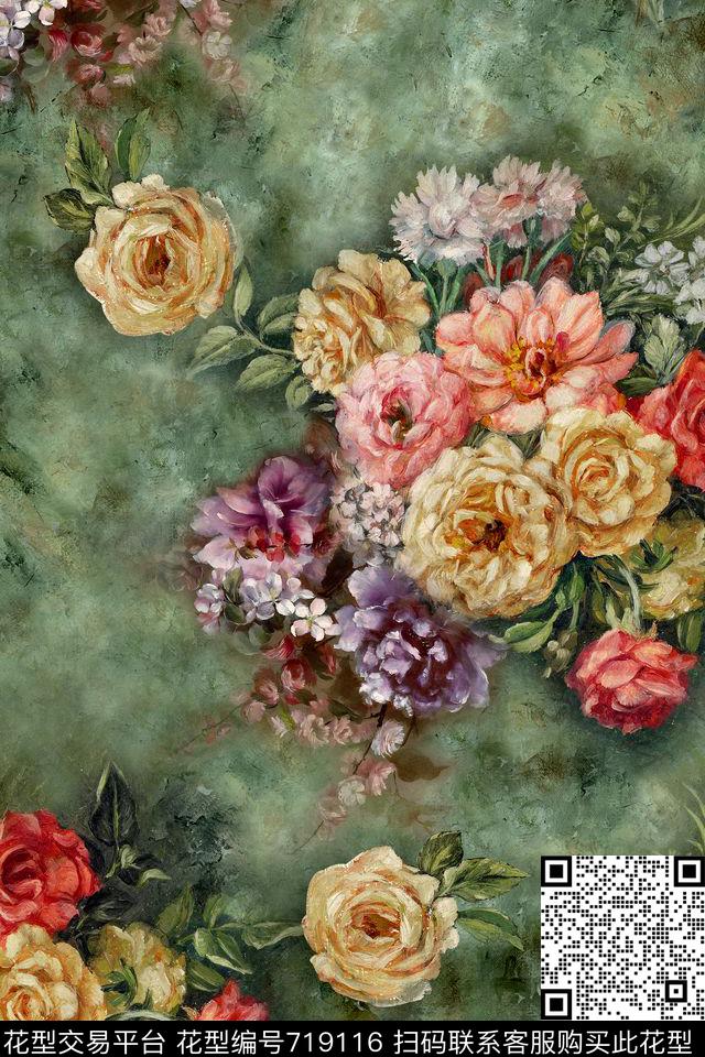 油画肌理花卉数码印花华亿平台下载（图片编号: 719116） - 瓦栏（Walan）