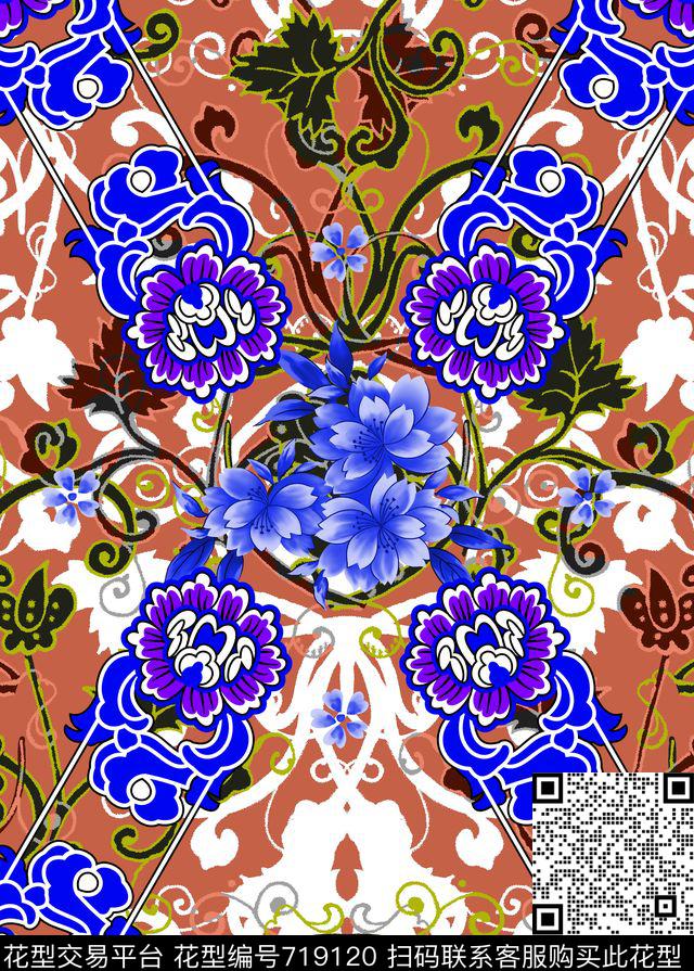 花朵大花棱形格数码印花华亿平台下载（图片编号: 719120） - 瓦栏（Walan）