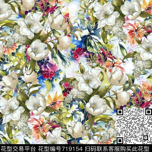 乱花大花花朵数码印花华亿平台下载（图片编号: 719154） - 瓦栏（Walan）