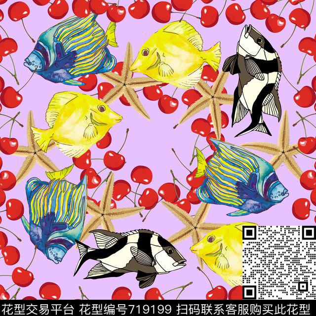 抽象鱼樱桃海星数码印花华亿平台下载（图片编号: 719199） - 瓦栏（Walan）