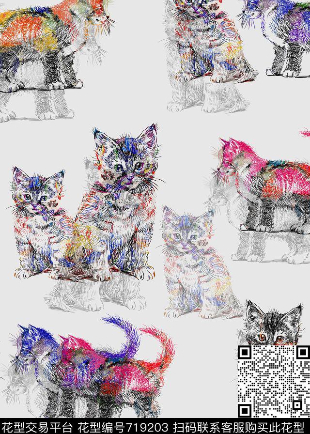 手绘猫线条宠物数码印花华亿平台下载（图片编号: 719203） - 瓦栏（Walan）