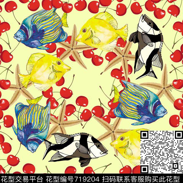 抽象鱼樱桃海星数码印花华亿平台下载（图片编号: 719204） - 瓦栏（Walan）