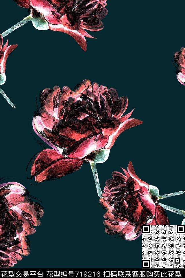 大花牡丹玫瑰数码印花华亿平台下载（图片编号: 719216） - 瓦栏（Walan）