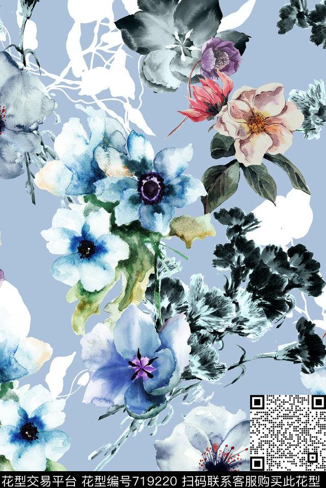 手绘水彩花卉数码印花华亿平台下载（图片编号: 719220） - 瓦栏（Walan）