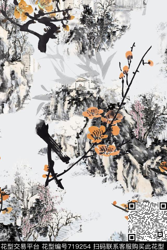 素雅中国风水墨数码印花华亿平台下载（图片编号: 719254） - 瓦栏（Walan）