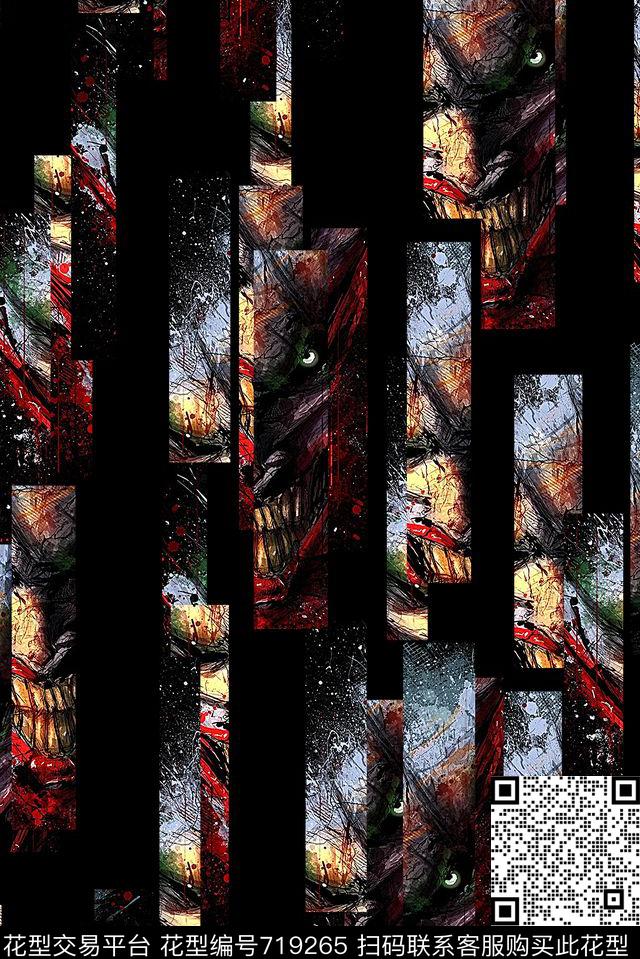 抽象手绘几何鬼脸人物印花时尚潮流男装满版夹克外套卫衣印花欧美复古大牌数码印花数码印花华亿平台下载（图片编号: 719265） - 瓦栏（Walan）